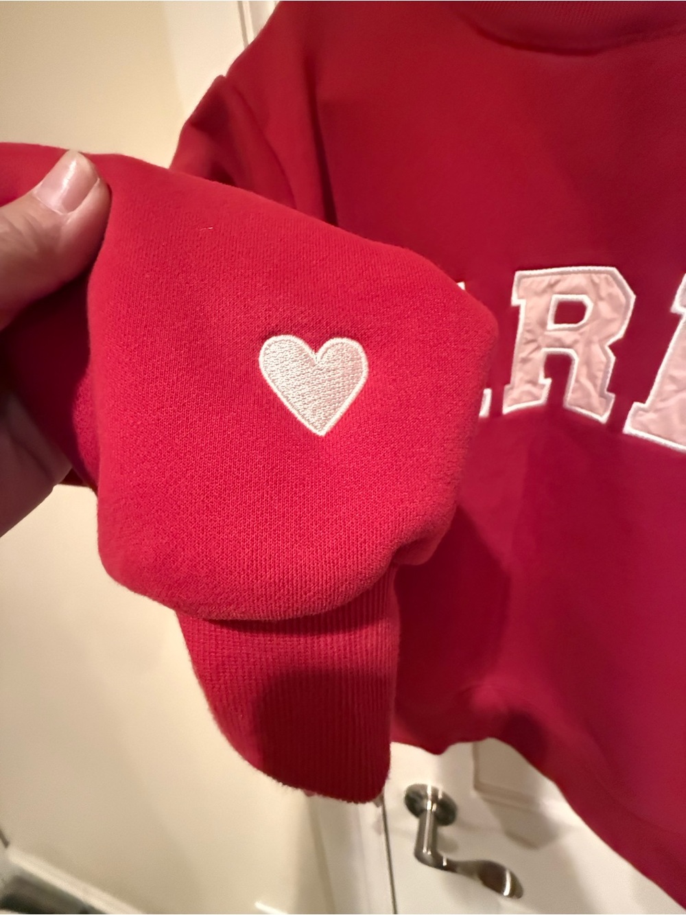 PARKE Women's Valentine's Day Varsity Mockneck Sweatshirt Crimson Peony S/M - Picture 3 of 9